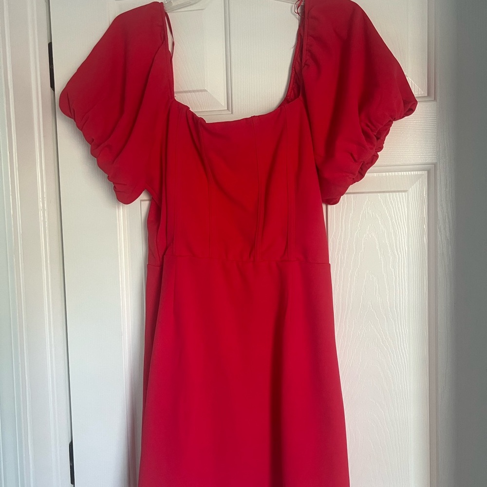 Red Puff-Sleeve Square Neck Women's Dress